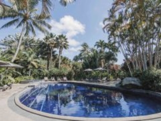 image of the swimming pool and neatly-arranged pool lounges captured on a clear day that gives a breath taking contrasting back ground view of the tropical lush garden and blue sky