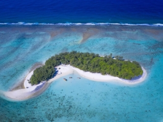 A stunning aerial image of a forest-covered-island on a glowing white sandy beach featuring a aqua-marine shade of lagoon capturing 3 lagoon cruisers berthed off shore and a deep contrasting blue ocean in the background